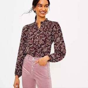 LOFT Women's Ruffle Neck Mixed Media Top Size S NWT